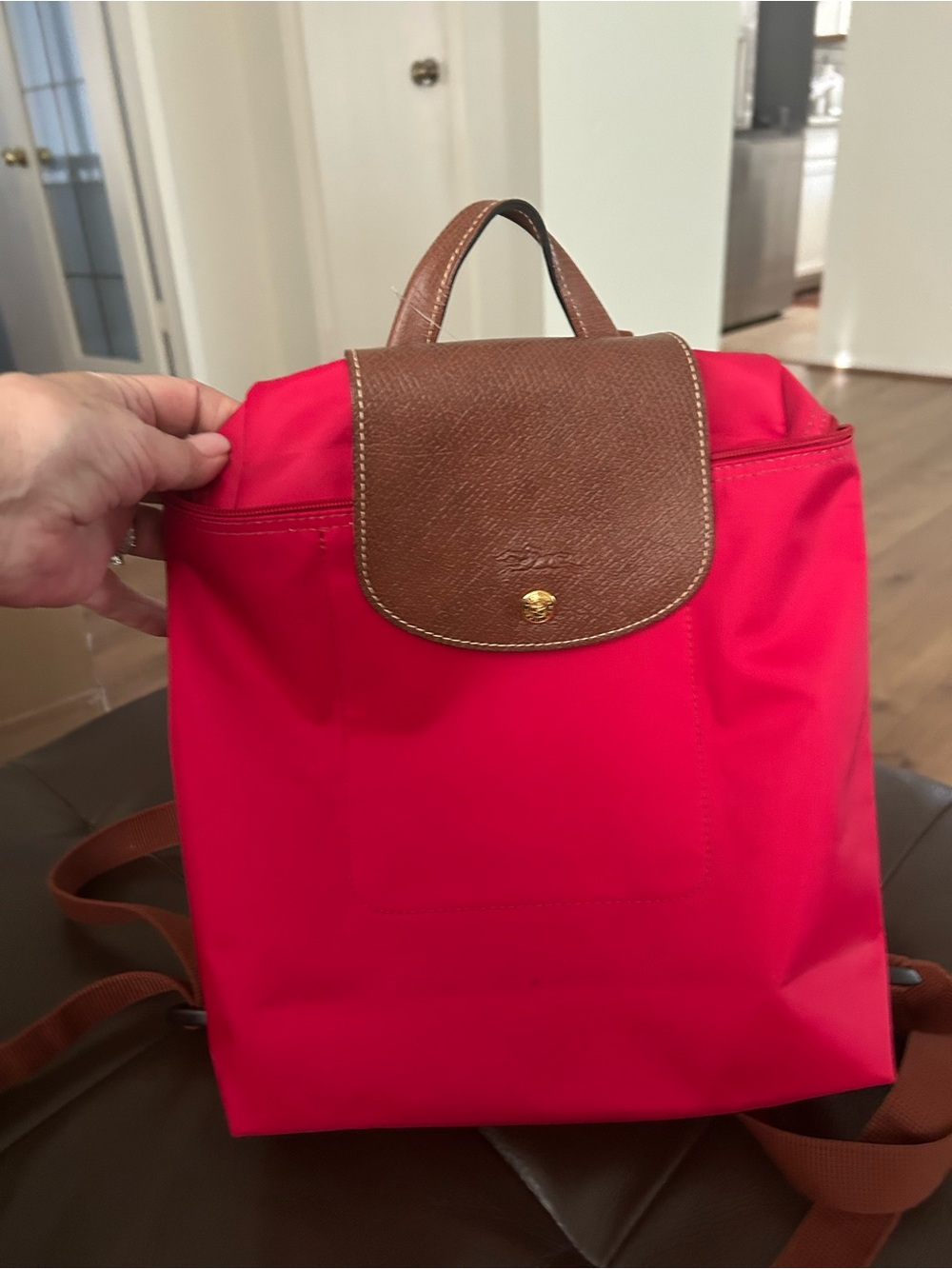 Longchamp Red Nylon Backpack with Brown Leather Flap